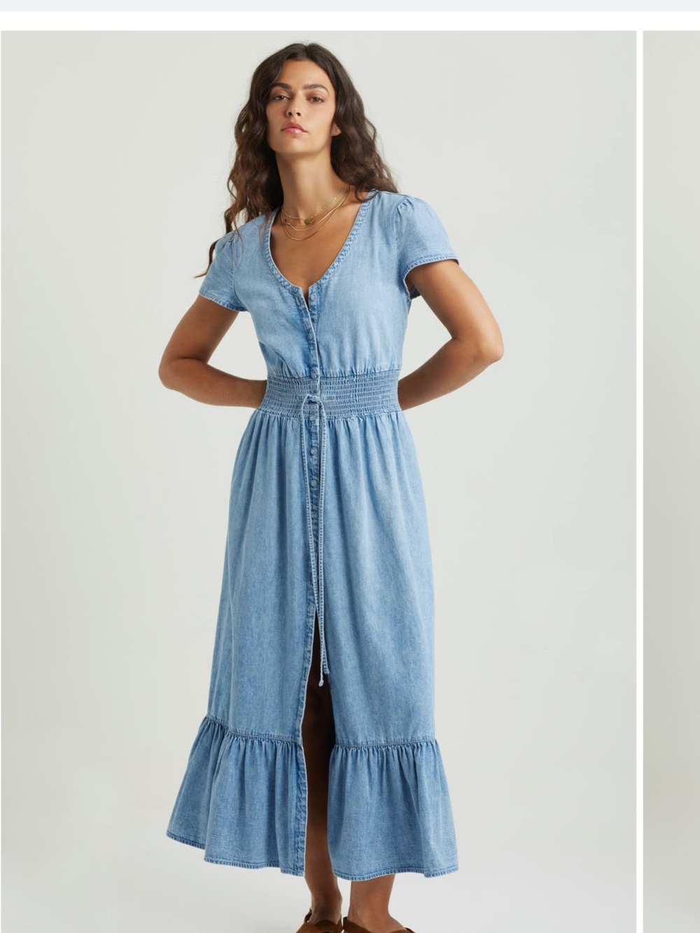 Treasure & Bond Light Blue Denim Maxi Dress with Smocked Waist